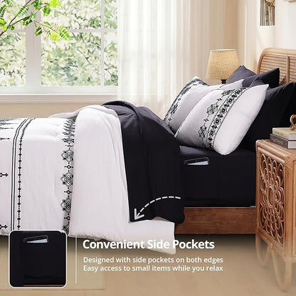 MaiRêve King Size Comforter Set Frost White, Embroidery Floral Western Boho Bedding Set, All Season 7 Pieces Bed in a Bag with Sheets, Pillowcases & Shams