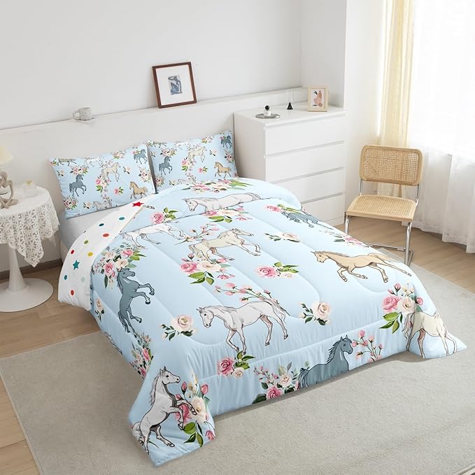 Horse Quilt Full Size, Farmhouse Western Cowboy Cowgirls Duvet Insert for Kids Boys Girls Teens, Cartoon Kawaii Horse Bedding Set, Rustic Rose Floral Comforter Set + 2 Pillow Cases