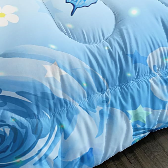 Cartoon Axolotl Bedding Comforter Set King Size, Cute Ocean Animal for Kids Girls Room Decor, Blue With Butterfly Flowers and 2 Pillowcases