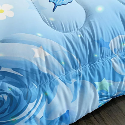 Cartoon Axolotl Bed Comforter & Bedding Set, Queen Size, Blue with Butterfly & Flowers Pattern, Includes 2 Pillowcases