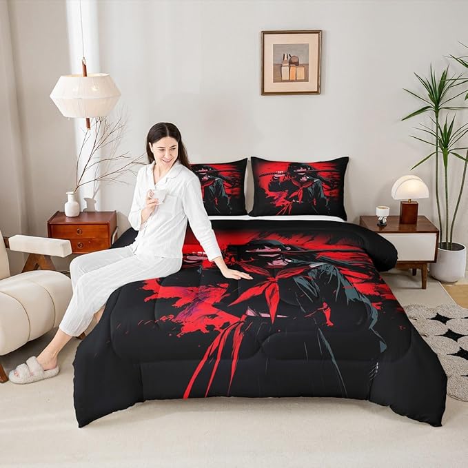Erosebridal Japanese Anime Bedding Set for Kids, Anime Girl Comforter Set Full Size Japanese Girl Duvet Insert for Girls Teens Adult Room, Kawaii Animation Red Black Quilt, Machine Washable