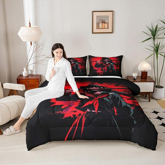 Erosebridal Japanese Anime Bedding Set for Kids, Anime Girl Comforter Set Full Size Japanese Girl Duvet Insert for Girls Teens Adult Room, Kawaii Animation Red Black Quilt, Machine Washable
