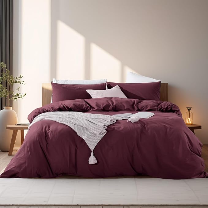 NEXHOME PRO Duvet Cover Set King Size Linen Look Textured Organic Natural 100% Washed Cotton Duvet Cover Burgundy Dark Red 3 Pieces Bedding Set with Zipper, Breathable, Soft (No Comforter)