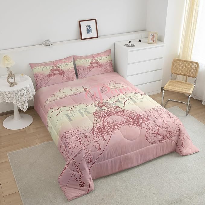 Castle Fairy Eiffel Tower Comforter Set King,Retro Paris Style Bedding Set for Boys Girls Teens Bedroom Decor,Vintage Cityscape Girls Women Landmark Quilt Set Super Soft Duvet Set,Gift for Her Him