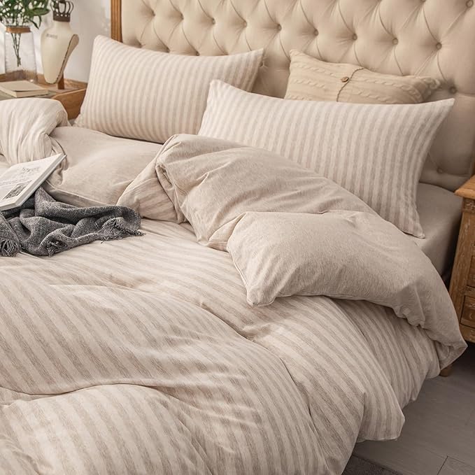 PURE ERA Jersey Knit Pillowcases 100% T-Shirt Cotton Super Soft Comfy Breathable, Set of 2, Standard 20" x 26", Heather Beige Stripe