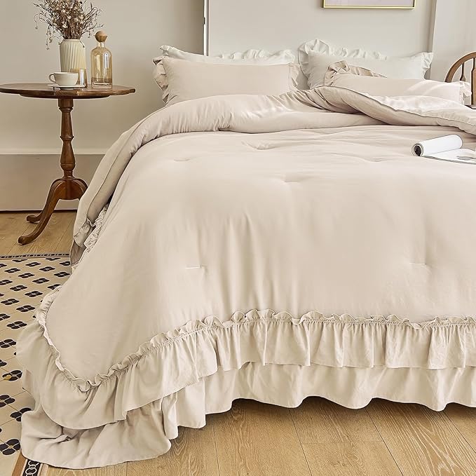 AIKASY Camel Ruffle Comforter Twin, 3 Pieces Vintage Ruffle Fringe Comforter, Farmhouse Rustic Microfiber Down Alternative Bedding Comforter Set (1 Comforter + 2 Pillow Shams)