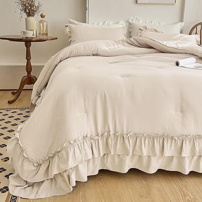 AIKASY Camel Ruffle Comforter Set Queen, 3 Pieces Vintage Ruffle Fringe Comforter, Farmhouse Rustic Microfiber Down Alternative Bedding (1 Comforter + 2 Pillow Shams)