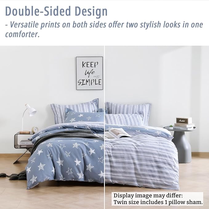 Blue Cotton Comforter Twin Size 2Pcs - White Doodle Style Stars on Denim Blue Front, Gray Stripes on Back, Reversible Lightweight Bedding Sets with Soft Fill(1 Comfoter, 1 Pillowcase)