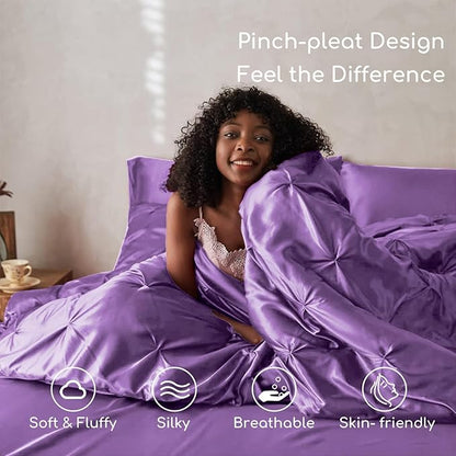 MR&HM Satin Comforter Queen 7 Pieces - Luxurious Pinch Pleat Bedding Set with Comforter, Flat Sheet, Fitted Sheet, Pillowcases & Shams, Super Silky Soft Bed Set for All Season (Queen, Lavender)