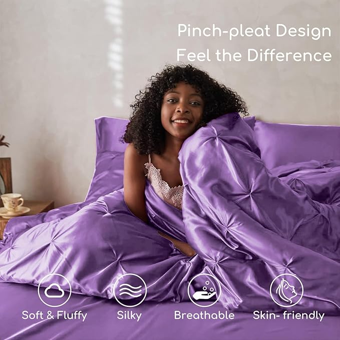 MR&HM Satin Comforter King 7 Pieces - Luxurious Pinch Pleat Bedding Set with Comforter, Flat Sheet, Fitted Sheet, Pillowcases & Shams, Super Silky Soft Bed Set for All Season (King, Lavender)