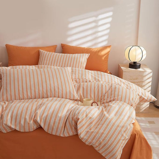LifeTB Orange Striped Duvet Cover Set King Size, 100% Washed Cotton White Orange Stripes Pattern Printed Comforter Cover, 3 Pieces Soft Breathable Duvet Cover Farmhouse Striped Bedding Set King