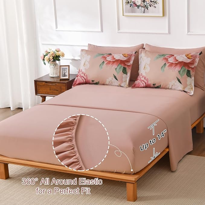 Dobuyly Coral Comforter Set Queen 7 Piece Bed in a Bag for Girls Women, Coral Pink Floral Bedding Set, Soft Microfiber Bed Set with Comforter, Sheets, Pillowcases & Shams