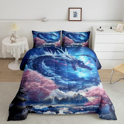 Dragon Comforter Set,Pink Cherry Blossom Printed Bedding Set Queen Size 3Pcs,Kids Boys Girls Room Decor Starry Sky Mountains Quilt Set Western Magical Style Animals Theme Duvet Insert,2 Pillowcases