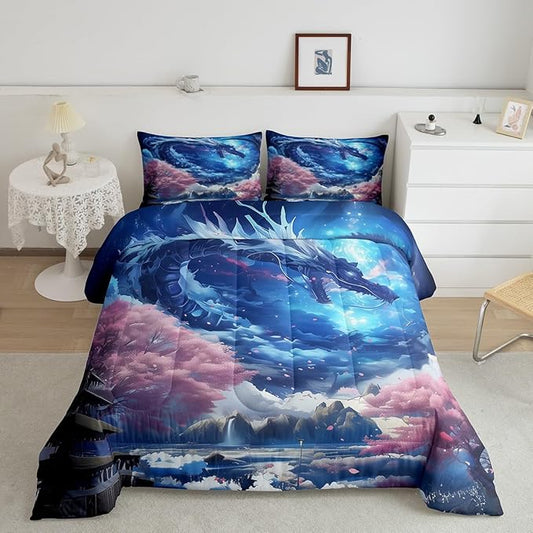 Dragon Comforter Set,Pink Cherry Blossom Printed Bedding Set Queen Size 3Pcs,Kids Boys Girls Room Decor Starry Sky Mountains Quilt Set Western Magical Style Animals Theme Duvet Insert,2 Pillowcases
