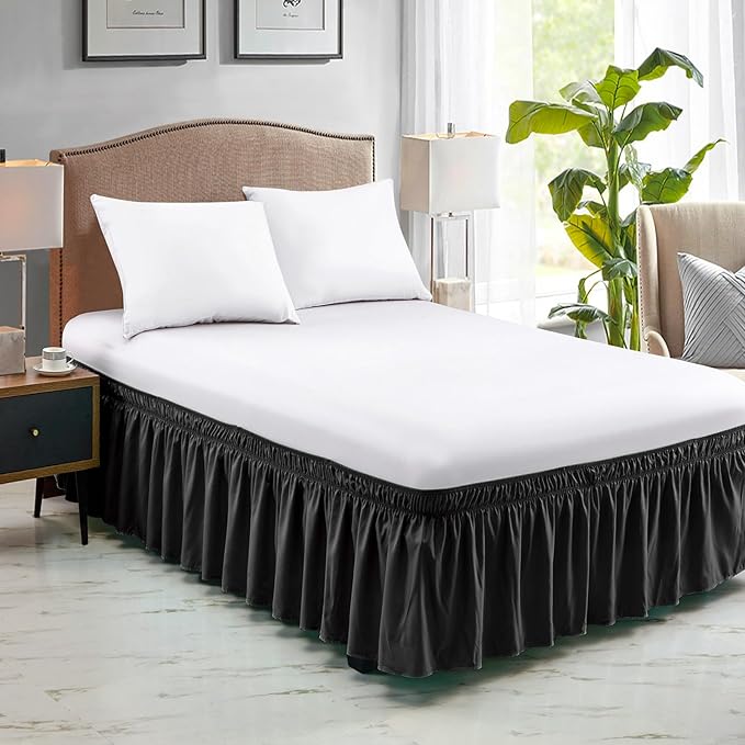 FreshCulture Queen Bed Skirt, Elastic Wrap Around Bed Skirt Queen Size, Bed Skirts for Adjustable Bed, Easy Fit with 15-Inch Tailored Drop, Hotel Quality Dust Ruffle for Queen Bed (Black)