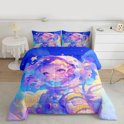 Erosebridal Watercolor Anime Girl Bedding, 3D Anime Comforter Set Cosmo Galaxy Sci-Fi Virtual Reality Full Bed Comforter Set for Boys Girls Graffti Stars Print Duvet Insert