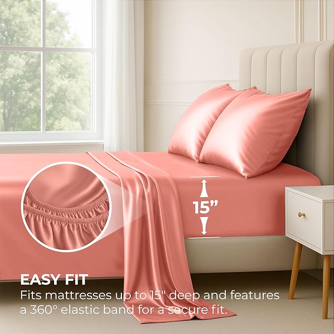 Satin Sheets King [4-Piece, Blush Pink] Hotel Luxury Silky Bed Sheets - Extra Soft 1800 Microfiber Sheet Set, Wrinkle, Fade, Stain Resistant - Deep Pocket Fitted Sheet, Flat Sheet, Pillow Cases