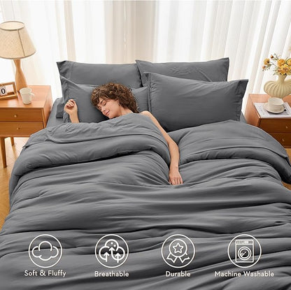 MUXHOMO 7 Pieces Full Comforter Set, Soft Bed in a Bag Full Size, All Season Bedding Set with Comforter, Flat Sheet, Fitted Sheet, Pillowcases & Shams, Dark Grey