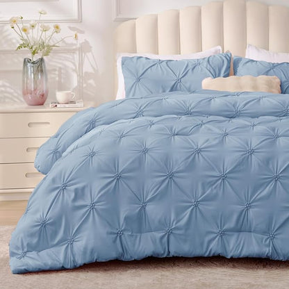 BEDELITE Cornflower Blue King Size Comforter Set - 3 Pieces Boho Pintuck Bedding Comforter Sets, Lightweight Soft & Warm King Bedding Set with 2 Pillowcases for All Season
