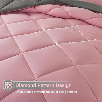 Cosybay Bed in a Bag Queen Comforter Sets 7pcs All Season Solid Down Alternative Bedding Sets Pink and Grey with Comforter, Pillow Shams, Flat Sheet, Fitted Sheet and Pillowcases