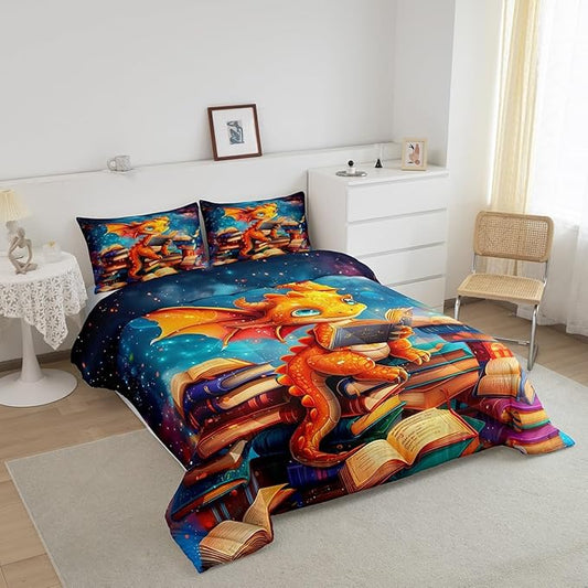 Cartoon Dragon Comforter Set Queen Size,Glitter Star Galaxy Nebula Bedding Set for Kids Boys Girls Room Decor,Magical Book Pattern Duvet Insert 3Pcs,Wild Animal Outer Space Quilt Set,2 Pillowcases