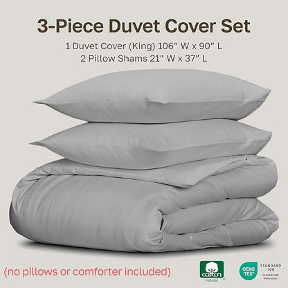 California Design Den 3 Pc King Size Duvet Cover Set -Winner Good Housekeeping Best Bedding Awards 2025, 400 Thread Count, 100% Cotton,Sateen Duvet Cover Cotton,Button Closure, Corner Ties-Light Grey