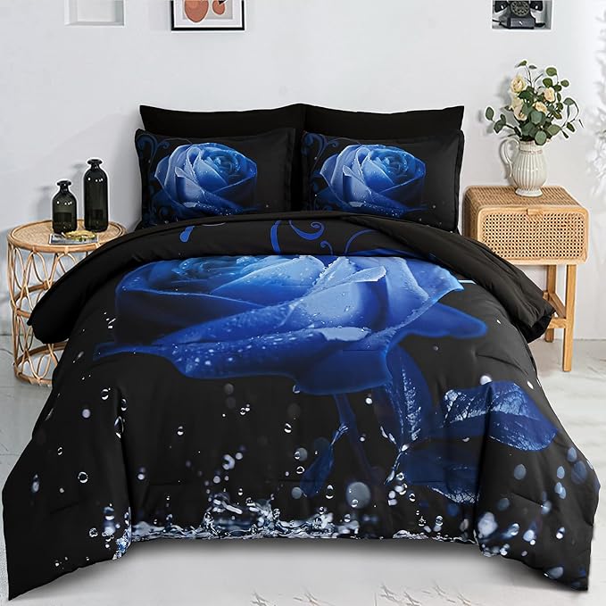 Xruibed Floral Comforter Queen Blue Bed in a Bag Rose Water Droplets Design 7PCs Comforter Set Soft Micorfiber Bedding Set (1 Comforter,2 Pillow Shams,1 Flat Sheet,1 Fitted Sheet,2 Pillowcases)