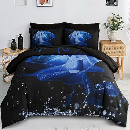 Xruibed Floral Comforter Queen Blue Bed in a Bag Rose Water Droplets Design 7PCs Comforter Set Soft Micorfiber Bedding Set (1 Comforter,2 Pillow Shams,1 Flat Sheet,1 Fitted Sheet,2 Pillowcases)