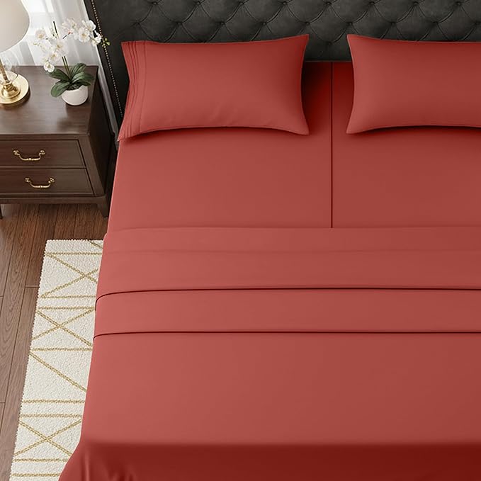 Elegant Comfort Luxurious 1500 Premium Hotel Quality Microfiber Three Line Embroidered Softest 5-Piece Bed Sheet Set, Wrinkle and Fade Resistant, Split King, Rust