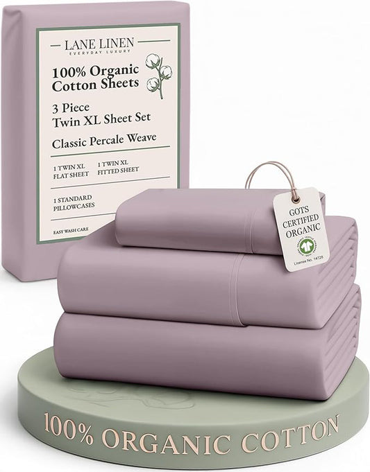 LANE LINEN 100% Organic Cotton Eco Friendly Extra Large Twin Sheets for Hospital Bed, Fully Elasticized Reinforsed Seams in Fitted Pocket, Machine Washable Deep Pocket Twin XL Bedding- Lilac