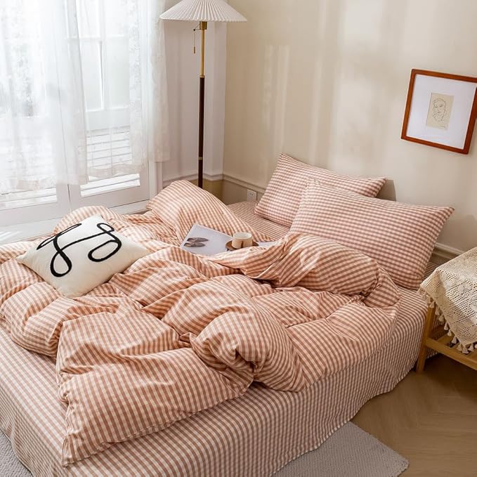 EAVD Pink Tan Gingham Comforter Set Full Soft Washed Cotton Farmhouse Mini Pink Tan Checkered Plaid Bedding Set with 2 Pillowcases Modern Farmhouse Reversible Plaid Comforter Set for All-Season