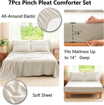 CozyLux California King Comforter Set Beige, 7 Pieces Pinch Pleat Bed in a Bag Cal King Comforter Set with Sheets, Boho Bed Sets with Down Alternative Comforter, Sheets, Pillowcases & Shams