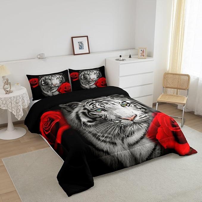 Castle Fairy Tiger Flower Bedding Set King Size 3D Africa Tiger Animal Comforter Set for Kids Teens Room Decor Red Rose Floral Duvet Insert Tiger Wildlife Down Comforter Set,3Pcs