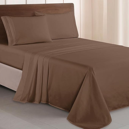 Elegant Comfort Luxurious 1500 Premium Hotel Quality Microfiber Three Line Embroidered Softest 4-Piece Bed Sheet Set, Wrinkle and Fade Resistant, King, Taupe