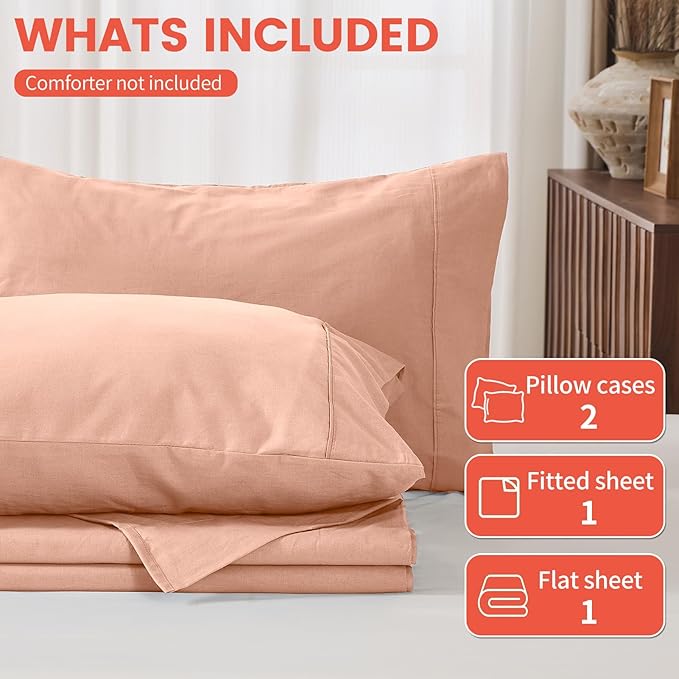 100% Linen Sheets California King Size,Breathable & Durable 4-Piece Bed Flax Sheet Set,Soft All-Season Bedding for Hot Sleepers 16" Deep Pocket Oeko-TEX Certified,（Cal King, Light Red）