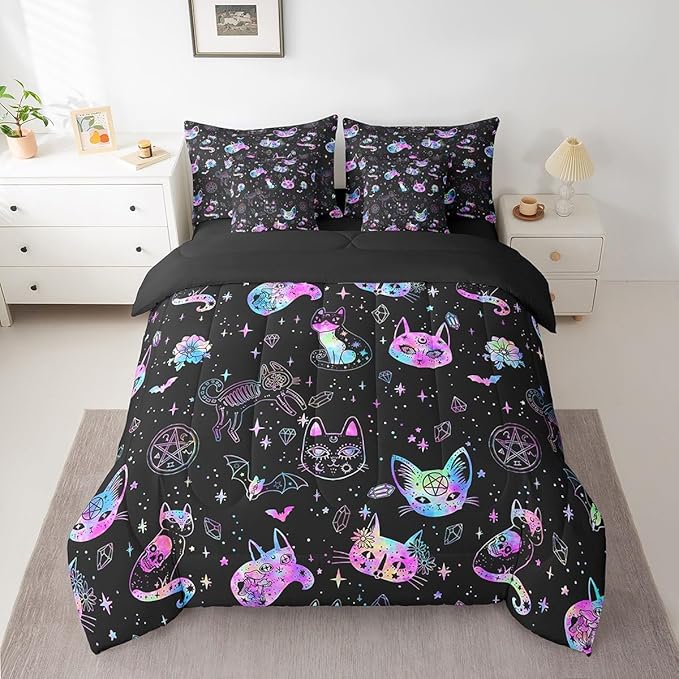 Ombre Cat Skull Comforter Set King Size,Black Galaxy Starry Bed Set 7pcs with Comforter,Fitted Sheet,Flat Sheet,2 Pillowcases,2 Throw Pillow Covers,Gothic Constellation Bedding Set