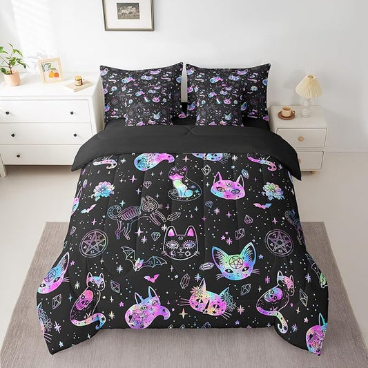 Ombre Cat Skull Comforter Set King Size,Black Galaxy Starry Bed Set 7pcs with Comforter,Fitted Sheet,Flat Sheet,2 Pillowcases,2 Throw Pillow Covers,Gothic Constellation Bedding Set