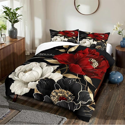 Vintage Floral Comforter Set King Size Red Black White Botanical Flower Bedding Set 3 Piece Gold Leaf Bedding for Women Elegant Flowers Comforters Soft Down Alternative Comforter Sets