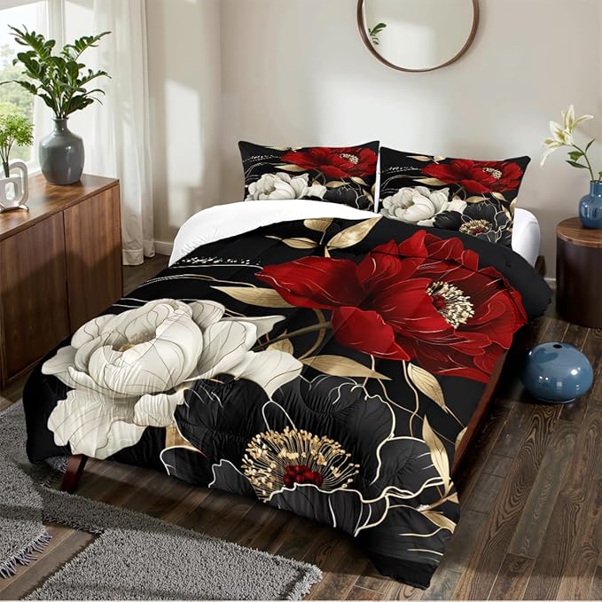 Floral Comforter Set Queen 3Pcs Red Black Vintage Flower Bedding Set for Women Retro Elegant Aesthetic Bedding Super Soft Down Alternative Comforter Sets with 2 Pillowcases