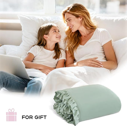 JANZAA Full Size Comforter Sage Green 3PCS 1 Ruffled Comforter Set and 2 Pillow Cases Fluffy Vintage Farmhouse Shabby Chic Bedding Soft All Season