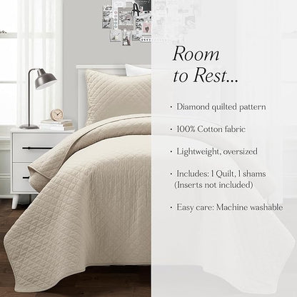 Lush Decor Ava Quilt Diamond Pattern Solid 2 Piece Oversized Bedding Blanket Bedspread Set - Twin-XL - Neutral