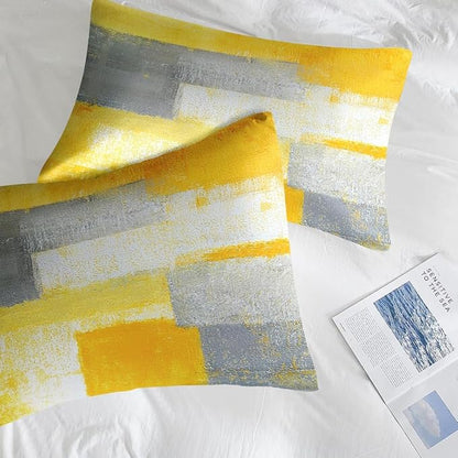 Comforter Set King Size, Grey Yellow Painting Gray 7 Pcs Bedding for Kids and Adults, Office Contemporary Abstract Bed Sheet Sets with Fitted Sheet 2 Pillowcase & 2 Sham for Bedroom Bed Decor