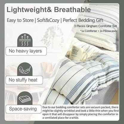 EAVD Retro Blue&Grey Striped Comforter Set Full Soft Cotton 3-Piece Vintage Bedding Set with 2 Pillowcases Boho Vertical Stripes Geometric Comforter Set for All-Season Breathable Lightweight