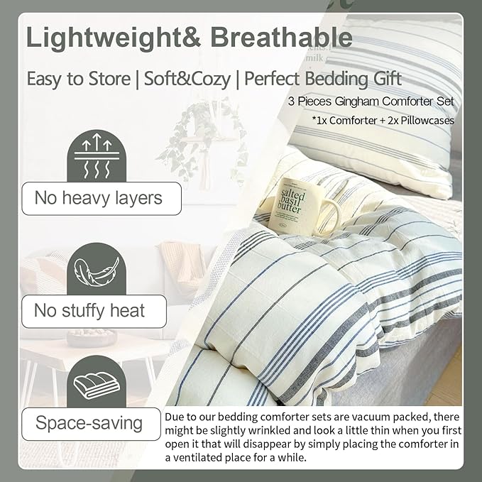 EAVD Retro Blue&Grey Striped Comforter Set Twin XL Soft Cotton 3-Piece Vintage Bedding Set with 2 Pillowcases Boho Vertical Stripes Geometric Comforter Set for All-Season Breathable Lightweight