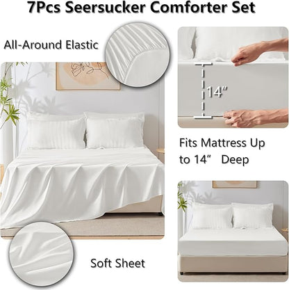 CozyLux King Size Comforter Set White Seersucker 7 Pieces Bed in a Bag King Comforter Set with Sheets, Luxury Soft Bedding Sets with Down Alternative Comforter, Sheets, Pillowcases & Shams All Seasons