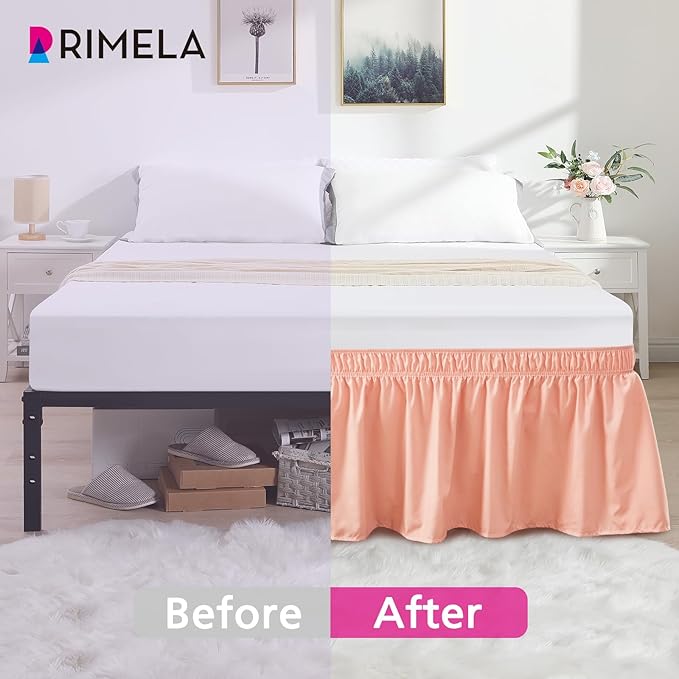RIMELA Peachy Coral Bed Skirt Queen Size 18 Inch Drop, Elastic Bed Skirting for Bed Base and Frame, Bedding Dust Ruffle Easy to Install, Wrap Around Adjustable Bedskirt