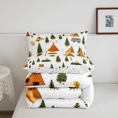 Feelyou Camping Comforter Set Twin Size Vintage Comforter Camper Accessories for Travel Trailers Bedding Set Camper Duvet Set Room Decor Ivory Quilt Set