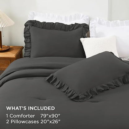 Andency Dark Grey Comforter Set Full, Gray Ruffle Shabby Chic Bedding Comforter Set for All Seasons, 3 Pieces Lightweight Fluffy Farmhouse Bed Set for Women Men(1 Ruffle Comforter 2 Pillowcases)