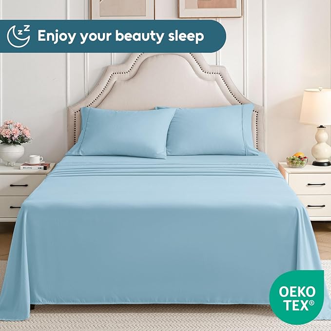 Queen Sheet Set, 4 Pieces Hotel Luxury Soft Microfiber Queen Bed Sheets Set, Up to 16" Deep Pockets, Oeko-Tex Sheets with Elastic, Breathable, Wrinkle Free (Sky Blue, Queen)