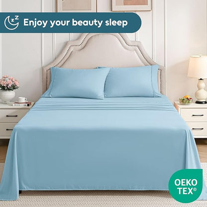 King Size Sheets Set, 4 Pieces Hotel Luxury Soft Microfiber Bed Sheets Set, Up to 16" Deep Pockets, Oeko-Tex Sheets with Elastic, Breathable, Wrinkle Free (Sky Blue, King)